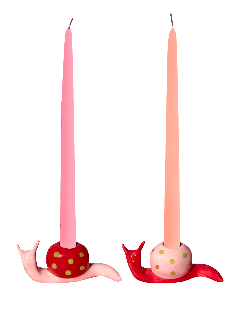 The hard shell - Set of 2 snail candleholders Red & Pink with Gold Dots
