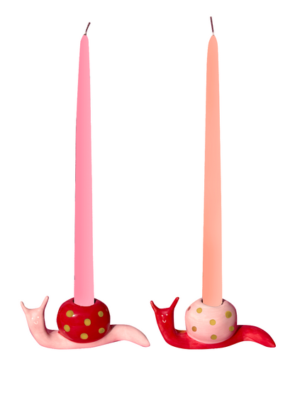 The hard shell - Set of 2 snail candleholders Red & Pink with Gold Dots