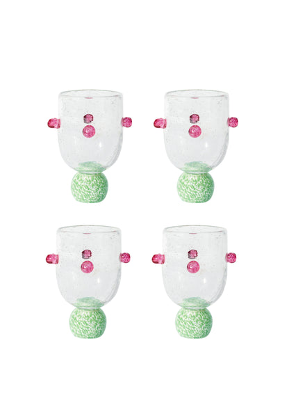 SET OF 4 DOTTY ORCHID PINK & GREEN GLASS