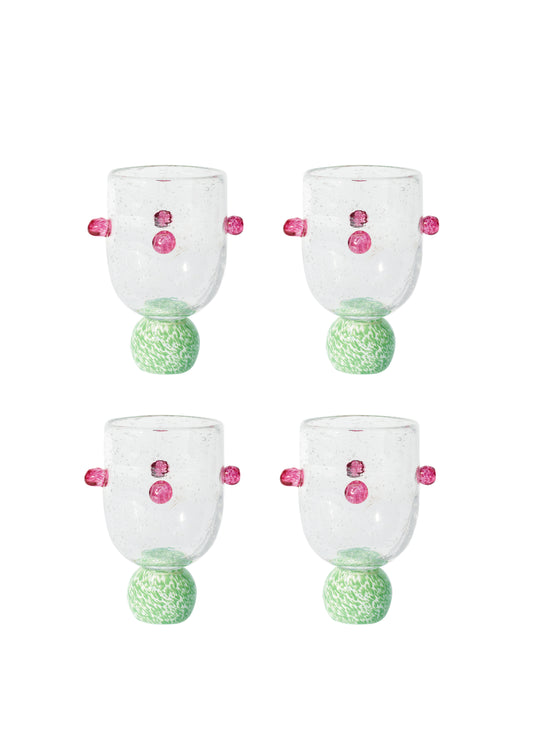 SET OF 4 DOTTY ORCHID PINK & GREEN GLASS